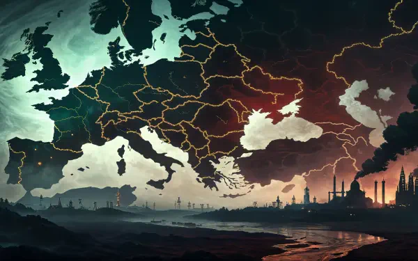 A 4K Ultra HD PC desktop wallpaper featuring a detailed map of Europe with illuminated country borders against a dramatic, dark sky background.