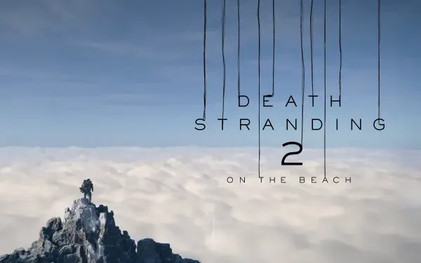 4K Ultra HD PC wallpaper featuring the logo of the video game Death Stranding 2: On The Beach, set against a misty mountain peak above a sea of clouds.