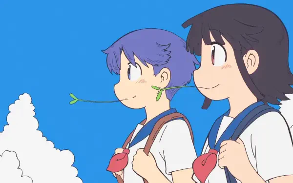 HD PC desktop wallpaper featuring two anime characters from City the Animation against a bright blue sky with a fluffy white cloud.