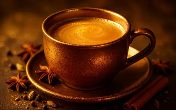 A rich, creamy chai tea in a rustic brown cup and saucer, surrounded by star anise and cinnamon sticks, captured in stunning 4K Ultra HD for PC desktop wallpaper.