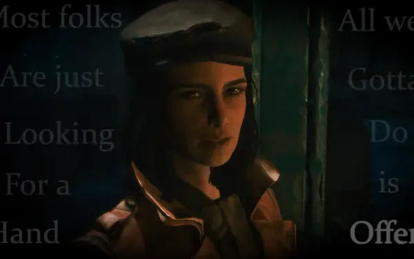 HD PC desktop wallpaper featuring Piper Wright from the video game Fallout 4, set against a dimly lit background with faint text overlays.
