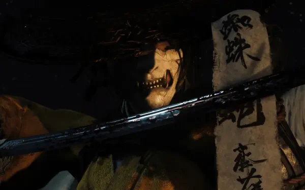 HD PC desktop wallpaper featuring a samurai ghost from the video game Ghost of Yōtei, with a dark, eerie atmosphere and mysterious Japanese calligraphy.