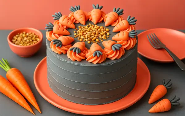 4K Ultra HD desktop wallpaper featuring a richly decorated carrot cake with orange frosting carrots and nuts on a matching orange plate and background.