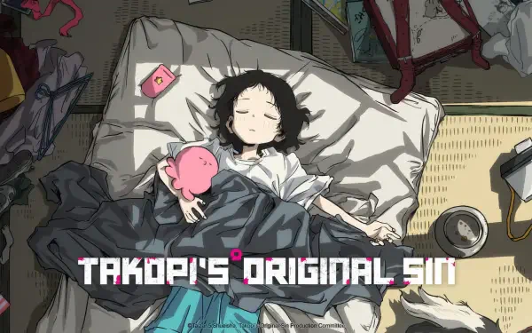 Anime HD desktop wallpaper from Takopi's Original Sin showing a character peacefully sleeping while holding a small pink creature.