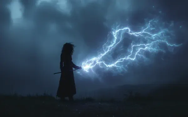 A mage conjures a powerful lightning spell amid dark, stormy skies in this fantasy 4K Ultra HD PC desktop wallpaper.