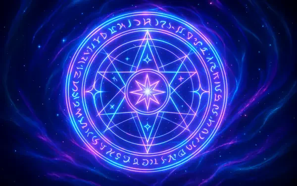 A glowing arcane circle with mystical symbols and a star at the center, rendered in vibrant blue and purple hues, designed as a 4K Ultra HD PC desktop wallpaper background.