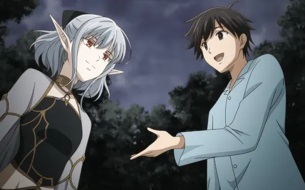 HD PC desktop wallpaper from the novel Apocalypse Bringer Mynoghra featuring a silver-haired elf and a dark-haired young man talking under a night sky.