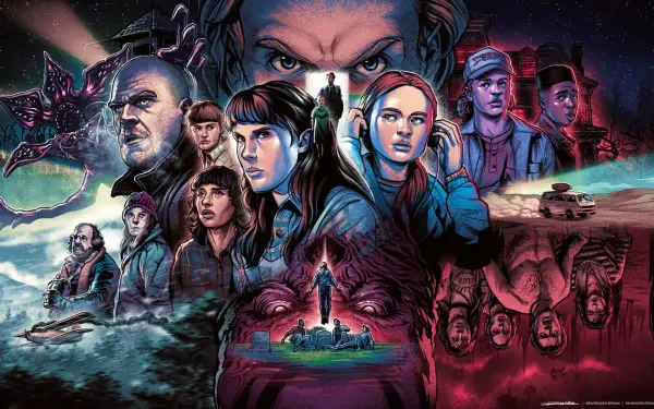 HD PC desktop wallpaper featuring characters and elements from Stranger Things 5, showcasing an intense and mysterious atmosphere from the TV show.