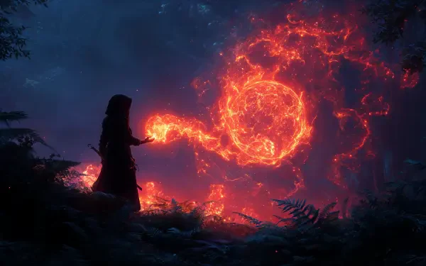 A dark forest scene in 4K Ultra HD features a figure casting a vibrant, magical fire spell, illuminating the surroundings with swirling flames and sparks.