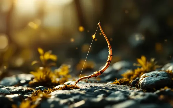 4K Ultra HD wallpaper featuring a detailed Sagittarius bow and arrow set against a softly lit, natural rocky background, symbolizing the zodiac sign’s adventurous spirit.