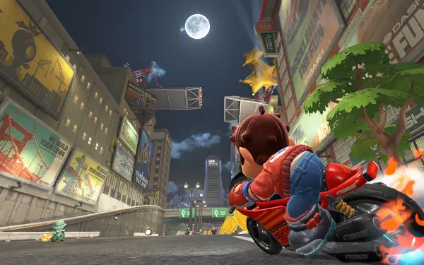HD PC desktop wallpaper featuring an intense night race scene from the Mario Kart world, with Mario speeding through a cityscape under a full moon.