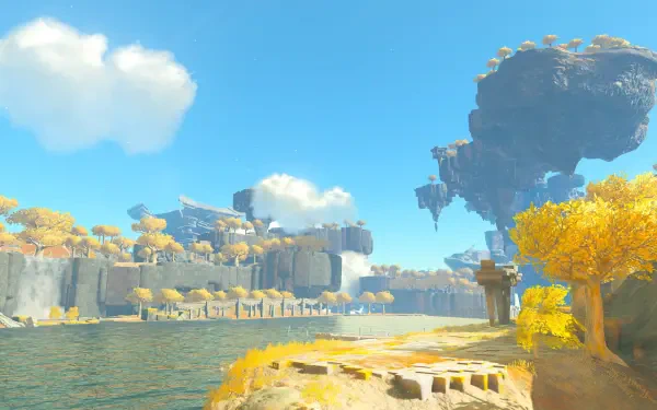 HD PC desktop wallpaper featuring a bright, scenic landscape from The Legend of Zelda: Tears of the Kingdom with floating islands and autumn-hued trees.