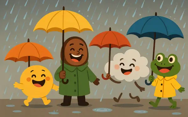 4K Ultra HD wallpaper featuring cheerful characters holding colorful umbrellas in rainy weather, capturing a playful and vibrant atmosphere.