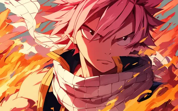 HD anime desktop wallpaper featuring Natsu Dragneel from Fairy Tail, surrounded by dynamic flames and intense expression.