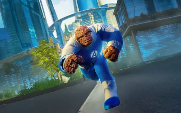4K Ultra HD wallpaper of Ben Grimm as the Thing from The Fantastic Four: First Steps, captured in action with a futuristic cityscape in the background.