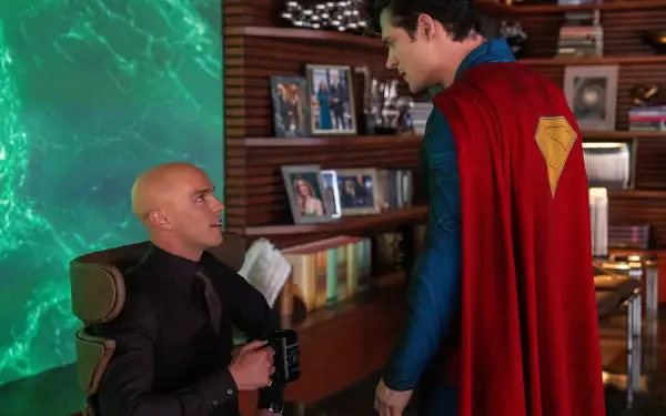 Superman (2025) scene in vibrant 8K Ultra HD, featuring Superman standing and talking to a seated man in a modern, photo-filled office setting on a PC desktop wallpaper.