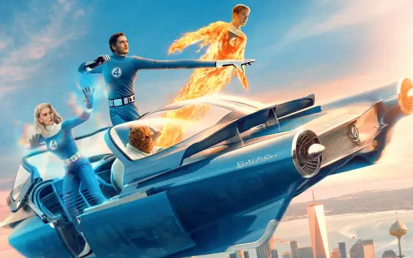 The Fantastic Four in action aboard their sleek flying vehicle, captured in a vibrant 4K Ultra HD PC desktop wallpaper from First Steps.