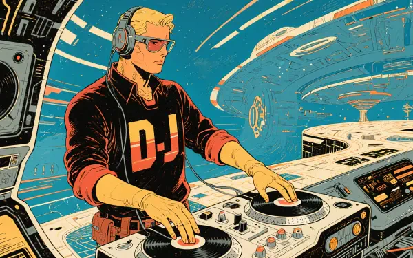 Digital artwork of a DJ wearing headphones, mixing on turntables inside a futuristic spaceship, rendered in vibrant colors as a 4K Ultra HD PC desktop wallpaper.