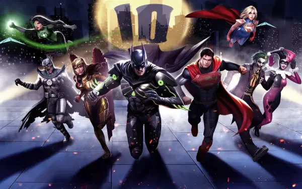 Injustice 2 heroes and villains sprinting forward in a dynamic 4K Ultra HD PC desktop wallpaper background.