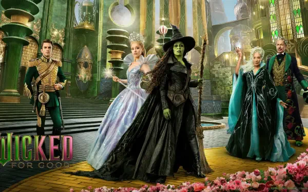 Wicked: For Good 4K Ultra HD PC desktop wallpaper featuring main characters in a vibrant, magical Emerald City setting with rich green and gold tones.