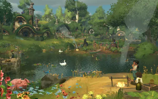 4K Ultra HD PC wallpaper from the video game Tales of the Shire: A The Lord of the Rings Game, depicting the lush, vibrant landscape of Comarca with cozy hobbit homes and a peaceful pond.