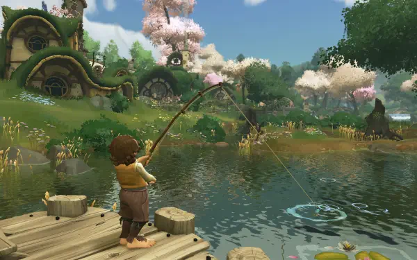 4K Ultra HD PC wallpaper from the video game Tales of the Shire: A The Lord of the Rings Game, showing a character fishing by a peaceful pond in a vibrant, lush village.