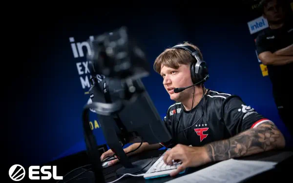 HD esports wallpaper featuring Faze Clan player s1mple intensely focused during a competitive gaming match, with ESL and Intel branding in the background.