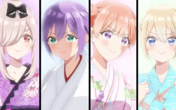 HD PC desktop wallpaper featuring four anime characters from A Couple of Cuckoos, each framed separately with distinct hairstyles and traditional attire.