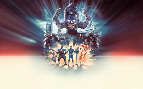 4K Ultra HD PC desktop wallpaper of The Fantastic Four: First Steps featuring the team in front of a cosmic background with Galactus looming above.