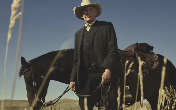 Harrison Ford in character from the TV show 1923, standing in a field beside a saddled horse, captured in 8K Ultra HD for PC desktop wallpaper.
