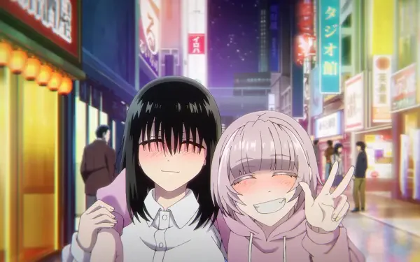 HD PC desktop wallpaper featuring anime characters Haru Nanakusa and Kabura Honda from Call of the Night, smiling together in a vibrant city night setting.
