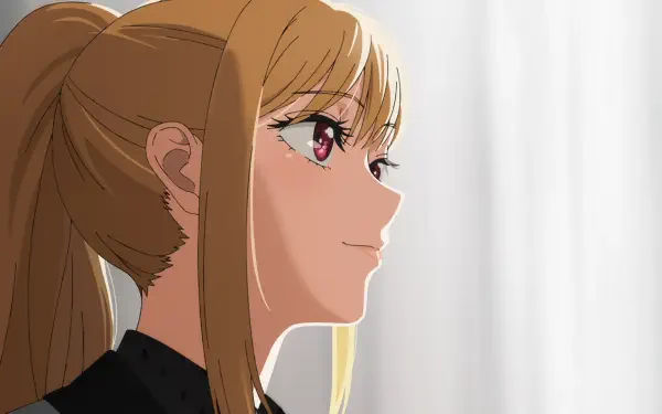 HD PC wallpaper featuring Marin Kitagawa from the anime My Dress-Up Darling, shown in a close-up side profile with a soft, bright background.