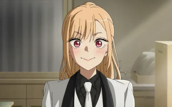 HD anime desktop wallpaper featuring Marin Kitagawa from My Dress-Up Darling, dressed in a black and white suit with a confident expression.