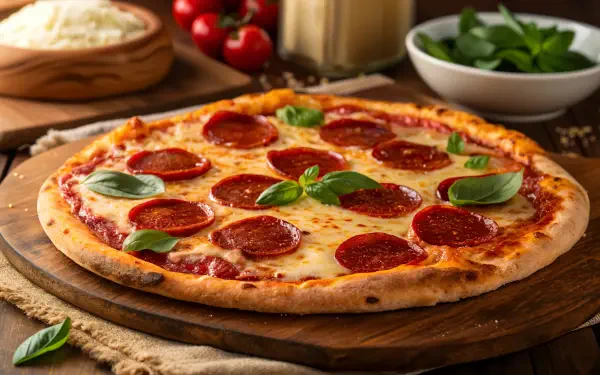 4K Ultra HD desktop wallpaper featuring a delicious pepperoni pizza topped with fresh basil on a wooden board, surrounded by ingredients and kitchen elements.