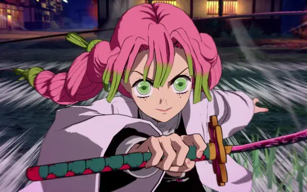 HD PC desktop wallpaper from the video game Demon Slayer -Kimetsu no Yaiba- The Hinokami Chronicles, featuring a character poised with a sword in vibrant anime-style graphics.