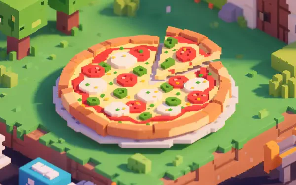 A vibrant 4K Ultra HD pixel art wallpaper of a margherita pizza with fresh tomatoes, basil, and mozzarella on a colorful, blocky landscape background.