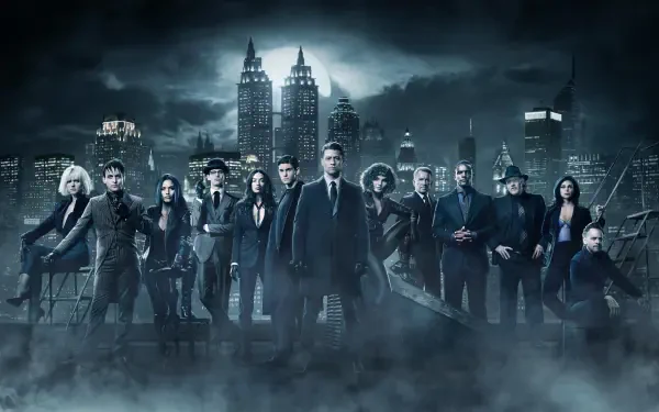 Gotham TV show characters stand in front of the city skyline under a dark, cloudy sky in this 4K Ultra HD PC desktop wallpaper and background.