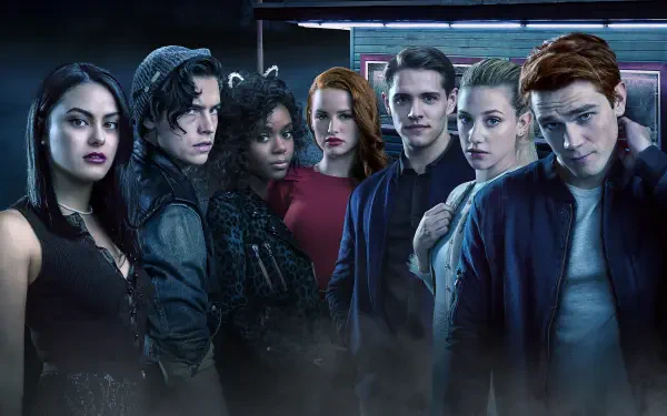 HD PC desktop wallpaper featuring the main cast of Riverdale standing together with a moody, dark background.