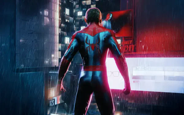 Spider-Man from Brand New Day stands on a rainy rooftop, overlooking a neon-lit cityscape in this 4K Ultra HD PC desktop wallpaper.