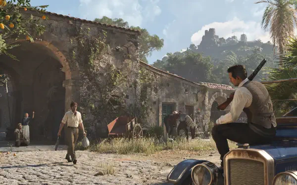 HD PC desktop wallpaper from the video game Mafia The Old Country, showing a character sitting on a vintage car in a rustic village setting under a cloudy sky.