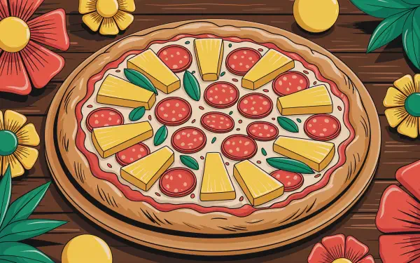 A vibrant 4K Ultra HD desktop wallpaper featuring a Hawaiian pizza topped with pineapple, pepperoni, and green herbs on a wooden table with colorful flowers.