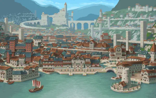 4K Ultra HD pixel art wallpaper of a detailed port city from the video game Chained Echoes: Ashes of Elrant, featuring ships, stone buildings, and mountain landscapes.