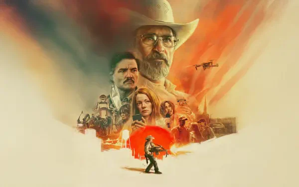 4K Ultra HD PC desktop wallpaper featuring a dramatic collage of characters and scenes from Eddington, blending warm tones and dynamic action elements.