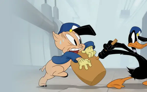 4K Ultra HD wallpaper from The Day the Earth Blew Up: A Looney Tunes Movie, featuring Porky Pig and Daffy Duck in a dynamic action scene.