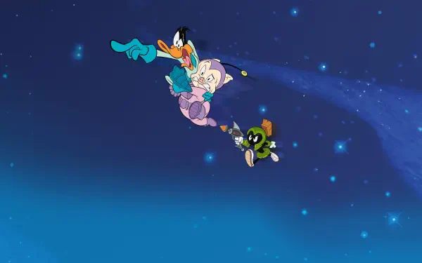 Duck Dodgers and characters float in space against a starry blue background in this vibrant 4K Ultra HD PC desktop wallpaper.