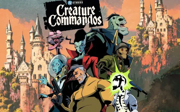 HD PC desktop wallpaper featuring the Creature Commandos team in front of a fantasy castle backdrop with vibrant, dramatic colors and detailed character designs.