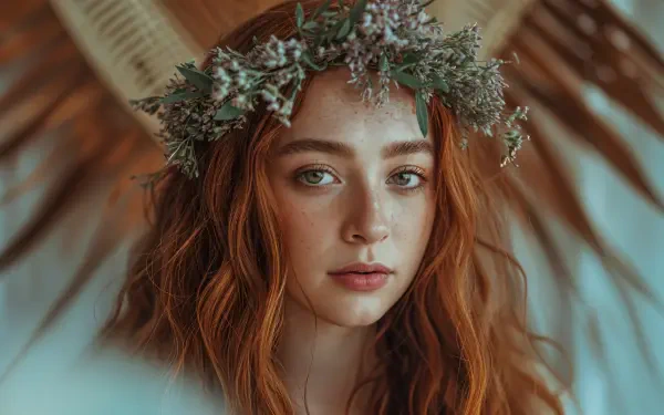 4K Ultra HD PC desktop wallpaper: close-up portrait of a red-haired woman with a dried-flower crown, soft natural light and palm-frond backdrop.