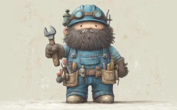 Cartoon bearded handyman in blue overalls with goggles, tool belt and wrench — whimsical 4K Ultra HD PC desktop wallpaper/background.