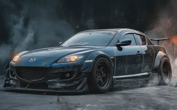 Poster-style HD PC desktop wallpaper of a tuned Mazda RX-8 with wide-body kit, deep front splitter, big rear wing and smoky urban night backdrop.