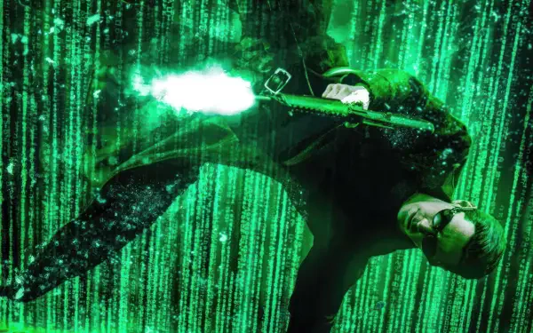 The Matrix 4K Ultra HD PC desktop wallpaper: a black‑coated cyberpunk figure in sunglasses firing a gun as cascading green digital code fills the background.